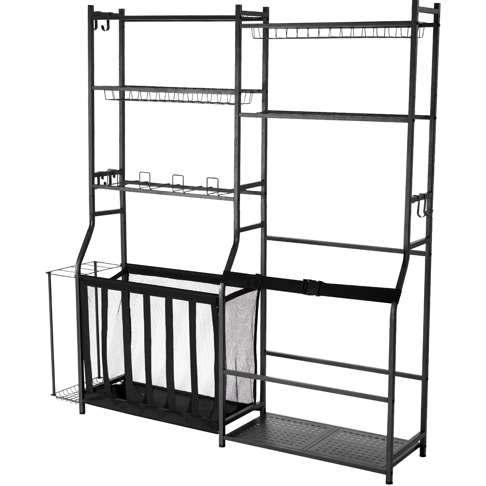 Golf Storage Garage Organizer, 2 Golf Bag Storage Stand Holder And Other Sports Equipment Storage Rack, Outdoor Steel Ball Cart, Sports Gear And Toys Storage Shelves With Baskets & Hooks, Black_maomaolike.com